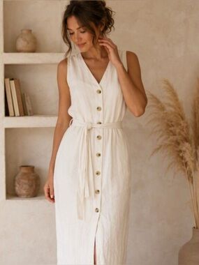 🌷 Birch White Linen Blend 90s Sleeveless Button-Front Midi Dress with Tie Belt 🌷